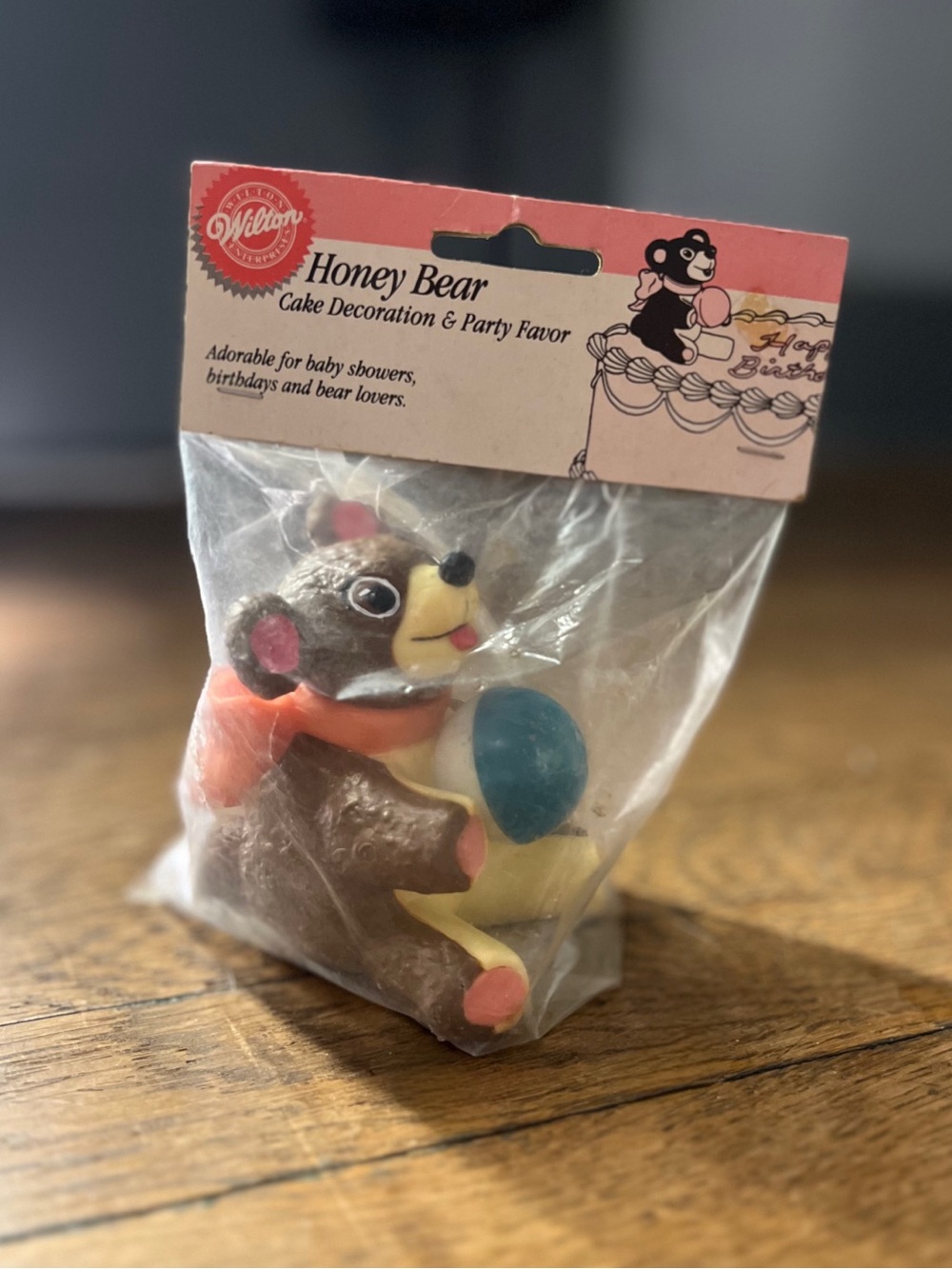 Wilton Brown Honey Bear Cake Topper with Blue Balloon and Pink Accents